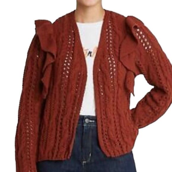 Universal Thread chunky knit open front Ruffled Cardigan Size Medium Color: Rust - Picture 1 of 9
